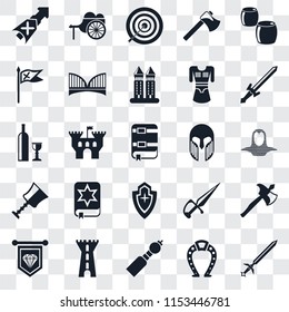Set Of 25 transparent icons such as Sword, Horseshoe, Bladder pipe, Tower, Standard, Armour, Shield, Cup, Flag, Archery, Wheelbarrow, web UI transparency icon pack