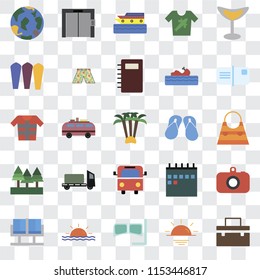 Set Of 25 transparent icons such as Suitcase, Sunset, Snorkel, Waiting room, Postcards, Flip flops, Bus, Forest, Surfing, Cruise, Elevator, web UI transparency icon pack