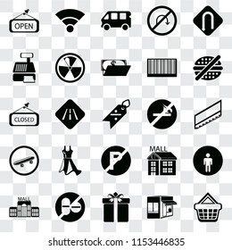 Set Of 25 transparent icons such as Shopping basket, Store, Gift, No drugs, Mall, fast food, smoking, parking, Skateboard, Cashier machine, Bus, Wifi, web UI transparency icon pack