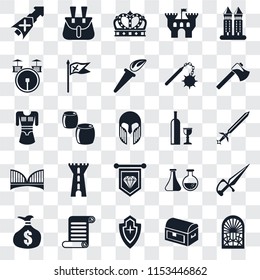 Set Of 25 transparent icons such as Stained glass window, Chest, Shield, Scroll, Money bag, Axe, Wine, Standard, Bridge, Drum, Crown, Belt pouch, web UI transparency icon pack