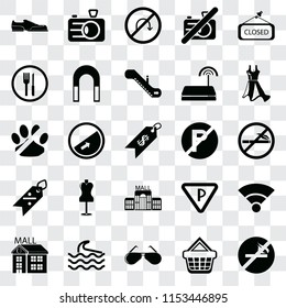 Set Of 25 transparent icons such as No smoking, Shopping basket, Glasses, Wave, Mall, Dress, parking, Discount, Restaurant, turn, Camera, web UI transparency icon pack