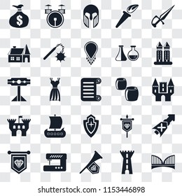 Set Of 25 transparent icons such as Bridge, Tower, Fanfare, Sewing machine, Standard, Beer, Shield, Castle, House, Armour, Drum, web UI transparency icon pack