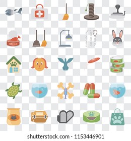 Set Of 25 transparent icons such as Shopping bag, Pet bed, Grooming glove, Animal carrier, Cat food, Rabbit, Frisbee, Treats, Turtle, Broom, First aid, web UI transparency icon pack