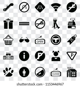Set Of 25 transparent icons such as Mall, Closed, Slope, Restroom, No pets, Cashier machine, Junction, parking, Gift, Road, turn, web UI transparency icon pack