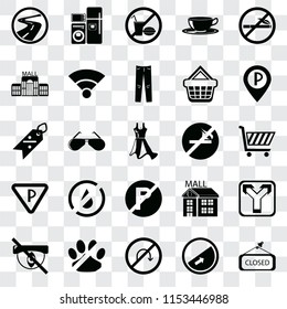 Set Of 25 transparent icons such as Closed, Slope, No turn, pets, Hidden, Parking, smoking, parking, Mall, food, Electrical appliances, web UI transparency icon pack