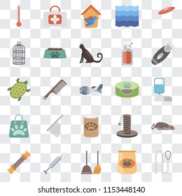 Set Of 25 transparent icons such as Leash, Cat food, Dustpan, Injection, Rope, Razor, Pet bed, Shopping bag, Cage, Bird house, First aid, web UI transparency icon pack