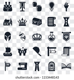 Set Of 25 transparent icons such as Bridge, Stained glass window, Tower, Sewing machine, Standard, Poison, Hat, Viking ship, House, Beer, web UI transparency icon pack
