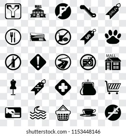 Set Of 25 transparent icons such as No smoking, Coffee cup, Shopping basket, Wave, Card payment, Pet, camera, Hospital, Mannequin, Restaurant, parking, Mall, web UI transparency icon pack