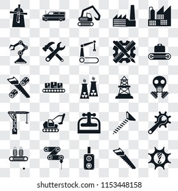 Set Of 25 transparent icons such as Machinery, Saw, Switch, Drilling machine, Conveyor, Oilfield, Machine press, Crane, Robot arm, Digger, Cargo truck, web UI transparency icon pack