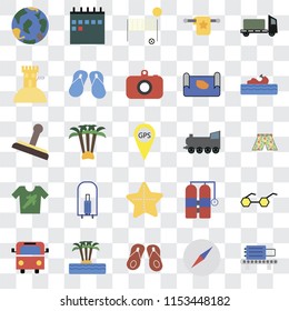 Set Of 25 transparent icons such as Check out, Compass, Flip flops, Island, Bus, Water craft, Railway, Starfish, Shirt, Sand castle, Beach volleyball, Calendar, web UI transparency icon pack