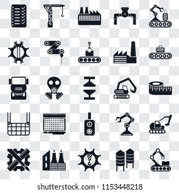 Set Of 25 transparent icons such as Conveyor, Silo, Machinery, Factory, Planning, Digger, Switch, Elevator, Settings, Crane, web UI transparency icon pack