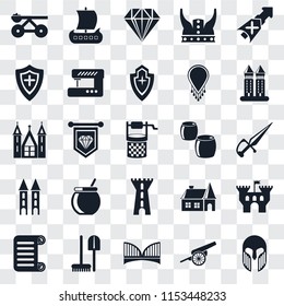 Set Of 25 transparent icons such as Armour, Cannon, Bridge, Tools, Scroll, Tower, Beer, Shield, Jewelry, Viking ship, web UI transparency icon pack