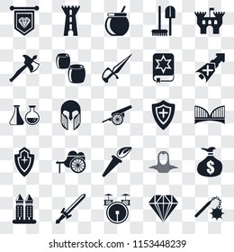 Set Of 25 transparent icons such as Morning star, Jewelry, Drum, Sword, Tower, Lance, Shield, Torch, Axe, Cauldron, web UI transparency icon pack