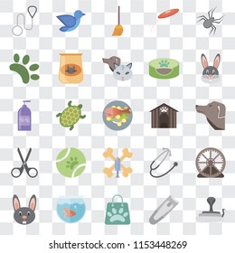 Set Of 25 transparent icons such as Snake, Nail clippers, Shopping bag, Fishbowl, Rabbit, Kennel, Treats, Scissors, Animal, Broom, Bird, web UI transparency icon pack