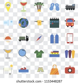 Set Of 25 transparent icons such as Camera, Bag, Swimsuit, Water craft, Beach volleyball, Bus, Oxygen, Shirt, Cocktail, Postcards, Palm tree, web UI transparency icon pack