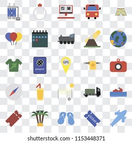 Set Of 25 transparent icons such as Plane, Tickets, Flip flops, Palm tree, Globe, Towel, Beach volleyball, Compass, Balloon, Booking, Ring, web UI transparency icon pack
