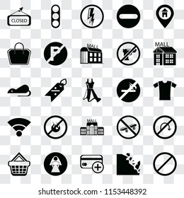Set Of 25 transparent icons such as Forbidden, Falling rocks, Cit card, Restroom, Shopping basket, Mall, No smoking, Wifi, Tote bag, Electricity, Traffic light, web UI transparency icon pack