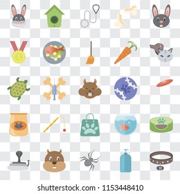 Set Of 25 transparent icons such as Collar, Shampoo, Spider, Hamster, Snake, Pet, Tennis, Shopping bag, Cat food, Winner, Leash, Birdhouse, web UI transparency icon pack