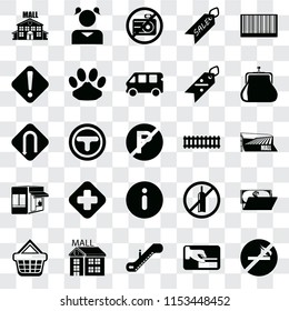 Set Of 25 transparent icons such as No smoking, Card payment, Escalator, Mall, Shopping basket, Purse, Train, Information, Store, Warning, camera, Girl, web UI transparency icon pack