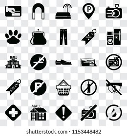 Set Of 25 transparent icons such as No water, camera, Warning, Mall, Hospital, Electrical appliances, Shopping basket, Sale, Pet, Wifi, Magnet, web UI transparency icon pack