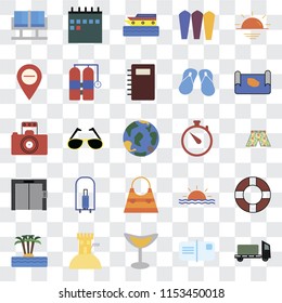 Set Of 25 transparent icons such as Trailer, Postcards, Cocktail, Sand castle, Island, Map, Time, Bag, Elevator, Cruise, Calendar, web UI transparency icon pack
