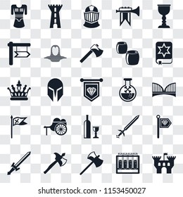 Set Of 25 transparent icons such as Castle, Alchemy, Axe, Sword, Spellbook, Poison, Wine, Flag, , Helmet, Tower, web UI transparency icon pack