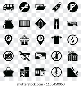 Set Of 25 transparent icons such as Falling rocks, Electricity, Store, Electrical appliances, Tote bag, Mall, Shirt, Card payment, No camera, Purse, Wallet, smoking, web UI transparency icon pack