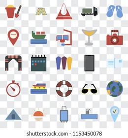 Set Of 25 transparent icons such as Check in, Swimming pool, Suitcases, Sunset, Tent, Photography, Phone, Lifebuoy, Time, Map, Purse, Swimsuit, web UI transparency icon pack