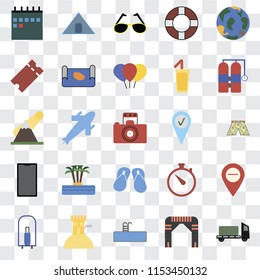 Set Of 25 transparent icons such as Trailer, Arch, Swimming pool, Sand castle, Bellhop, Aqualung, Check in, Flip flops, Phone, Tickets, Sunglasses, Tent, web UI transparency icon pack