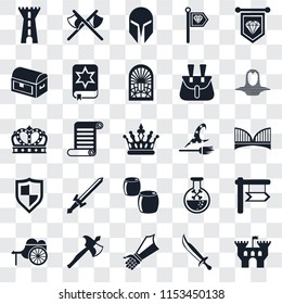 Set Of 25 transparent icons such as Castle, Sword, Gauntlet, Axe, Wheelbarrow, Coif, Witch, Beer, Shield, Chest, Helmet, Axes, web UI transparency icon pack