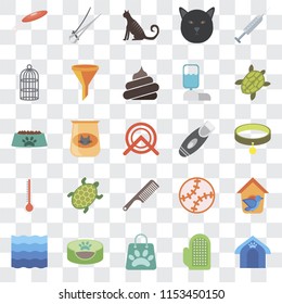 Set Of 25 transparent icons such as Pet house, Glove, Shopping bag, bed, Water, Turtle, Razor, Comb, Thermometer, Cage, Cat, Nail trimmer, web UI transparency icon pack