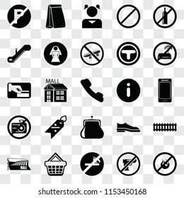 Set Of 25 transparent icons such as No fire, Gun, smoking, Shopping basket, Mall, wifi, Information, Purse, camera, Escalator, Girl, Paper bag, web UI transparency icon pack