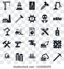 Set Of 25 transparent icons such as Pick, Digger, Conveyor, Silo, Packages, Wood cutting, Drilling machine, Tools, Factory, Electricity, Oilfield, web UI transparency icon pack