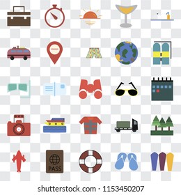 Set Of 25 transparent icons such as Surfing, Flip flops, Lifebuoy, Passport, Airplane, Aqualung, Sunglasses, Lifejacket, Photography, Minivan, Sunset, Time, web UI transparency icon pack
