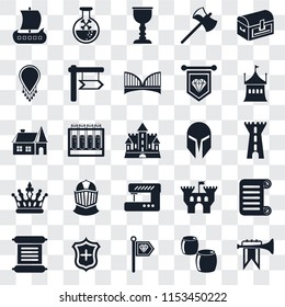 Set Of 25 transparent icons such as Fanfare, Beer, Standard, Shield, Scroll, Tent, Helmet, Sewing machine, Crown, Necklace, Goblet, Poison, web UI transparency icon pack