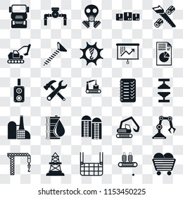 Set Of 25 transparent icons such as Coal, Conveyor, Elevator, Oilfield, Crane, Plan, Planning, Silo, Factory, Excavator, Gas mask, Pump, web UI transparency icon pack