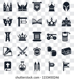 Set Of 25 transparent icons such as Flag, Standard, Tower, Poison, Bible, Castle, Trebuchet, Shield, Crossbow, Viking, web UI transparency icon pack