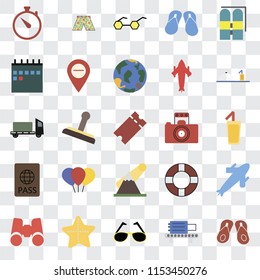 Set Of 25 transparent icons such as Flip flops, Cocktail, Room service, Swimsuit, Binoculars, Map, Lifebuoy, Trailer, web UI transparency icon pack, pixel perfect