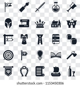 Set Of 25 transparent icons such as Wine, Viking ship, Scroll, Horseshoe, Standard, Castle, Book, Necklace, Archery, Helmet, Sword, Bladder pipe, web UI transparency icon pack