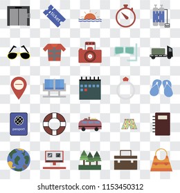 Set Of 25 transparent icons such as Bag, Suitcase, Forest, Booking, Globe, Trailer, Ring, Minivan, Passport, Sunglasses, Sunset, Tickets, web UI transparency icon pack