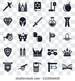 Set Of 25 transparent icons such as Bridge, , Water well, Cannon, Standard, Tower, Viking, Shield, Jewelry, Spellbook, Church, web UI transparency icon pack