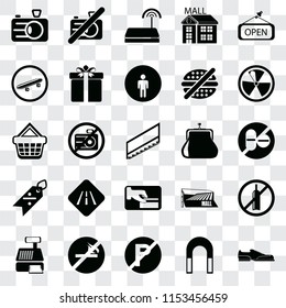 Set Of 25 transparent icons such as Shoes, Magnet, No parking, smoking, Cashier machine, Radiation, Purse, Card payment, Discount, Skateboard, Wifi, camera, web UI transparency icon pack