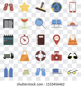Set Of 25 transparent icons such as Sunglasses, Check out, Flip flops, Swimsuit, Oxygen, Sunset, Map, Lifebuoy, Trailer, Elevator, Stamp, Starfish, web UI transparency icon pack