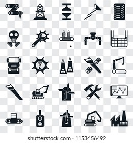 Set Of 25 transparent icons such as Factory, Digger, Mill, Switch, Conveyor, Elevator, Wood cutting, Saw, Gas mask, Machine press, Oilfield, web UI transparency icon pack