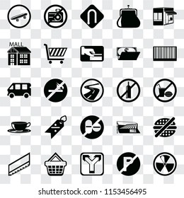 Set Of 25 transparent icons such as Radiation, No parking, Junction, Shopping basket, Stairs, Barcode, alcohol, drugs, Coffee cup, Mall, Turn, camera, web UI transparency icon pack