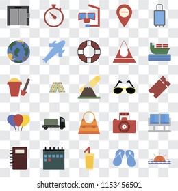 Set Of 25 transparent icons such as Sunset, Flip flops, Cocktail, Calendar, Notebook, Ship, Sunglasses, Bag, Balloon, Globe, Snorkel, Time, web UI transparency icon pack
