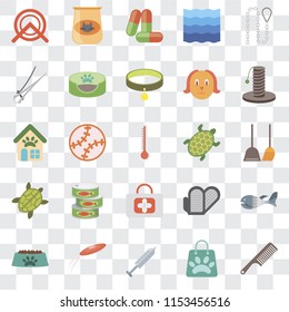 Set Of 25 transparent icons such as Comb, Shopping bag, Injection, Frisbee, Bowl, Scratching, Turtle, First aid, Nail trimmer, Drugs, Cat food, web UI transparency icon pack