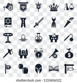 Set Of 25 transparent icons such as, Bridge, Helmet, Beer, Standard, Torch, Castle, Drum, Axe, Spellbook, Banner, web UI transparency icon pack