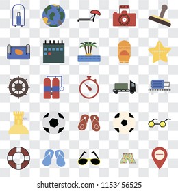 Set Of 25 transparent icons such as Map, Swimsuit, Sunglasses, Flip flops, Lifebuoy, Starfish, Trailer, Sand castle, Sunbed, Globe, web UI transparency icon pack