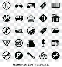 Set Of 25 transparent icons such as No smoking, Wave, Escalator, parking, Mall, Discount, Purse, Parking, pets, Card payment, Glasses, web UI transparency icon pack